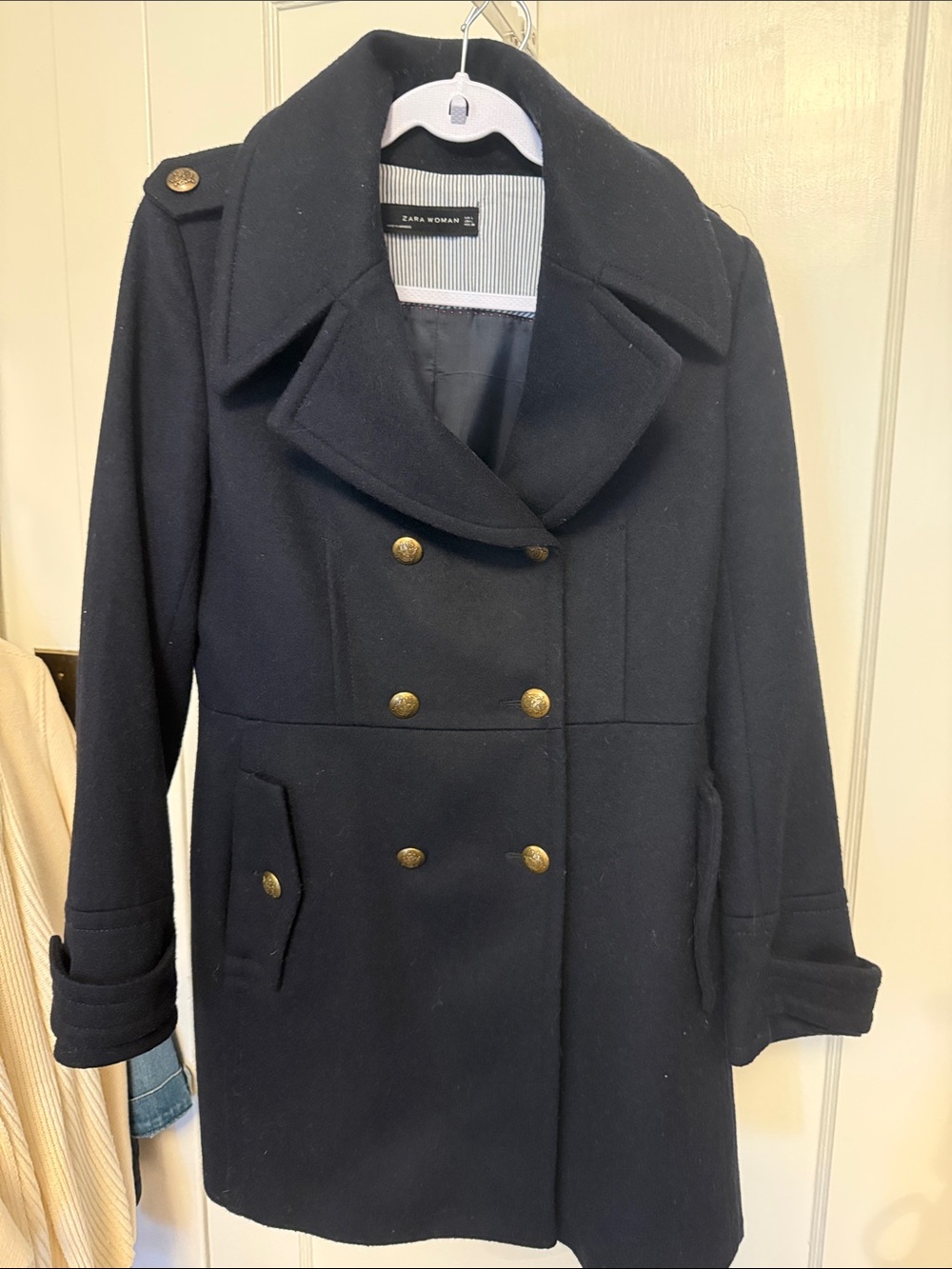Zara Black Double-Breasted Pea Coat with Gold Buttons